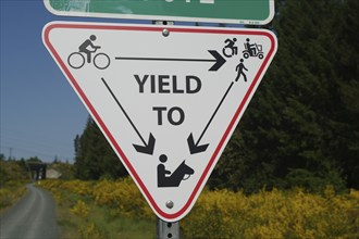 Somewhat complicated signposting of a cycle and footpath, Vancouver Island, British Columbia,