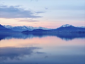 Morning atmosphere at Lake Zug, Pilatus in the background, Zug, Canton Zug, Switzerland, Europe