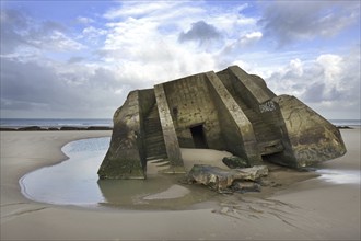 World War II concrete blockhouse on beach at Wissant, Nord-Pas de Calais, France, Europe