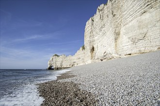 Shingle beach and the natural rock arch porte d'Amont at Etretat, Normandy, France, Europe