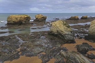 Sea stacks at the Plage des Cinq Pineaux at low tide, Saint-Hilaire-de-Riez, La Vendée, Pays de la