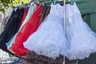 Petticoats in various colours, fashionable 1950s nylon petticoats with ruffles and lace, flea