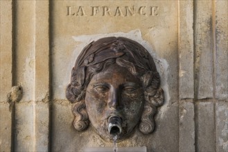 Old fountain with la france lettering, Venasque, Département Vaucluse, Provence,