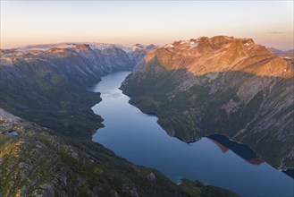 View from Seiskallåfjellet into the Nordfjorden, evening mood, Svartisen Glacier in the background,