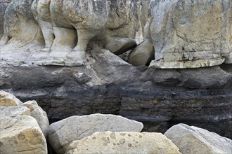 Rock stratification along the coast of Boltodden, Kvalvagen, Svalbard, Spitsbergen, Norway, Europe