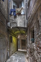 Hanging laundry in front of a window in an alley in the historic centre, Genoa, Italy, Europe