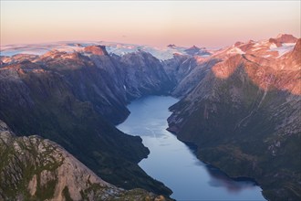 View from Seiskallåfjellet into the Nordfjorden, evening mood, Svartisen Glacier in the background,