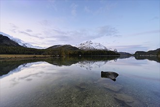 Morning atmosphere at Lake Sils behind Piz da la Margna, Sils, Engadin, Canton Graubünden,