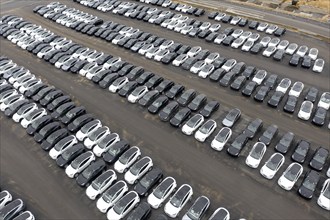 Aerial view of Tesla Y models produced in the Tesla Giga Factory, Grünheide, 28 01 2023