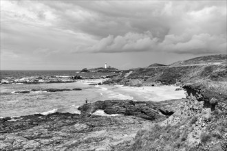 South West Coast Path, coastline with Godrevy Island and lighthouse, landscape conservation area,