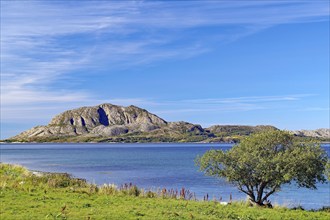 Single mountain and view of Torghatten, Bronnöysund, Kystriksveien, FV 17, Helgeland, Norway,