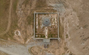 Aerial view, looking down on the caravanserai of Tash Rabat from the 15th century, Naryn region,