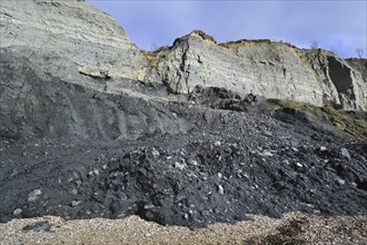 Black Ven landslide on beach between Lyme Regis and Charmouth along the Jurassic Coast, Dorset,