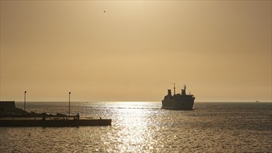 Morning light, backlight, ferry, silhouette, Levanzo town, main town, Levanzo, Egadi Islands,