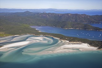 Areal view of white sandy beaches and turquoise blue water of Whitehaven Beach on Whitsunday Island