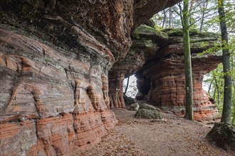 Old castle rock, red sandstone rock formation, natural and cultural monument, Brechenberg near