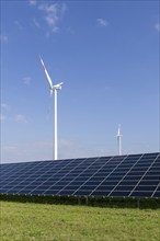 Renewable energies, solar park with wind turbines, photovoltaics, solar panels, Bavaria, Germany,