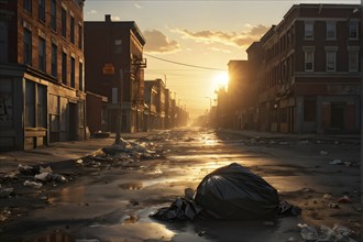 Plastic garbage bag abandoned of a desolate empty city street, AI generated