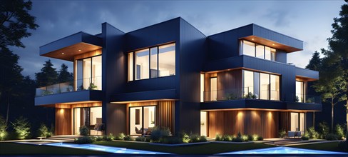 Three dimensional rendering of an illuminated modern ecological real estate residential house, AI