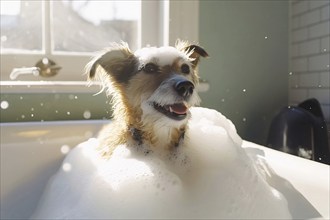 Dog in bath tube full of foam. KI generiert, generiert AI generated
