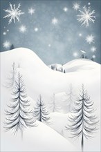 Abstract illustration of a white Christmas card with delicate hand-drawn illustrations, empty space