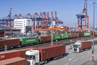 Port of Hamburg, Waltershofer Hafen, container ships, goods train with containers and container