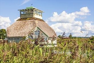 Naturum visitor center with a bird tower at Lake Honborgasjön, a famous bird lake in Sweden,