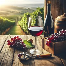 Food and drink background with red wine, fresh grapes and wine bottle. AI Generated, AI generated