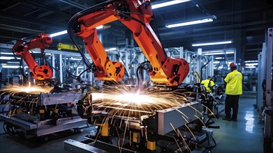 AI generated automotive assembly line in car manufacturing progression with automated machines