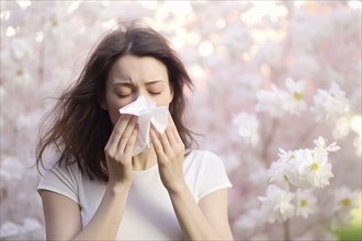 Woman with seasonal pollen allergy sneezing into paper tissue with spring flowers in background. KI