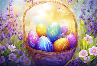 Abstract illustration of of vibrant-colored Easter eggs in a wicker basket, surrounded by delicate