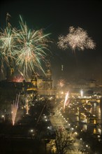 New Year's Eve fireworks over Dresden's Old Town, Dresden, Saxony, Germany, Europe