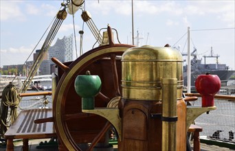 Europe, Germany, Hamburg, Elbe, museum ship, windjammer Rickmer Rickmers, view of steering wheel