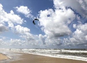 Kite surfer on the North Sea beach, Vejers, Denmark, 17.07.2023, Europe