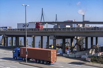 The Köhlbrand Bridge in the Port of Hamburg, rear, front trucks on the Waltershoferdam, access to