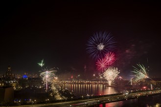 New Year's Eve fireworks over Dresden's Old Town, Dresden, Saxony, Germany, Europe