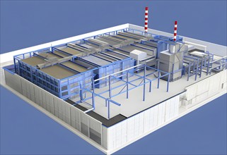 Three dimensional rendering of a model of a modern factory, AI generated