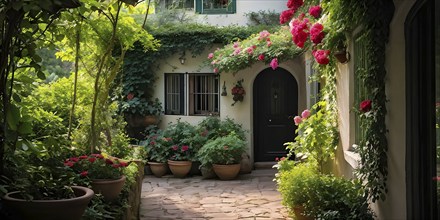 Plain Little tiny house in a floral garden with blooming flowers, AI generated