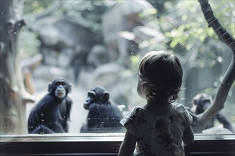 Young child watching chimpanzees in zoo behind glass. Generative AI, AI generated