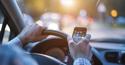 Person is driving a car and looking at the cell phone for gps directions or texting, AI generated