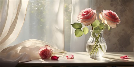 Transparent crystal glass vase with pink blooming roses, AI generated