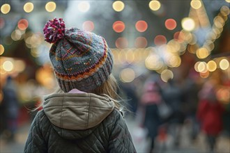 Back view of girl child with winter clothes at christmas market. Generative Ai, AI generated