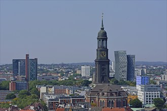 Europe, Germany, Hamburg, City, View from above of St Michael's Church and Dancing Towers, St