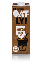 Oatly variety cocoa vegan oat milk cropped against a white background