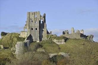 Ruins of the medieval Corfe Castle on the Isle of Purbeck along the Jurassic Coast in Dorset,