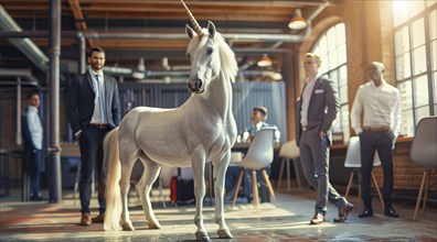 A white unicorn stands in corporate office. Concept of private successful unicorn start-up company,