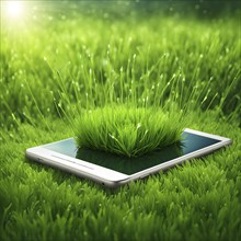 Smartphone screen displaying green grass arrows sprouting upwards symbolizing growth and