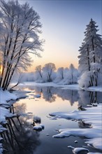 Serene winter landscape at sunrise with snow-covered trees and a frozen lake, AI generated