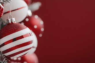 Christmas bauble ornament with red and white stripes on tree with copy space. Generative AI, AI