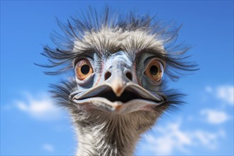 Funny head of emu bird in front of blue sky. KI generiert, generiert AI generated